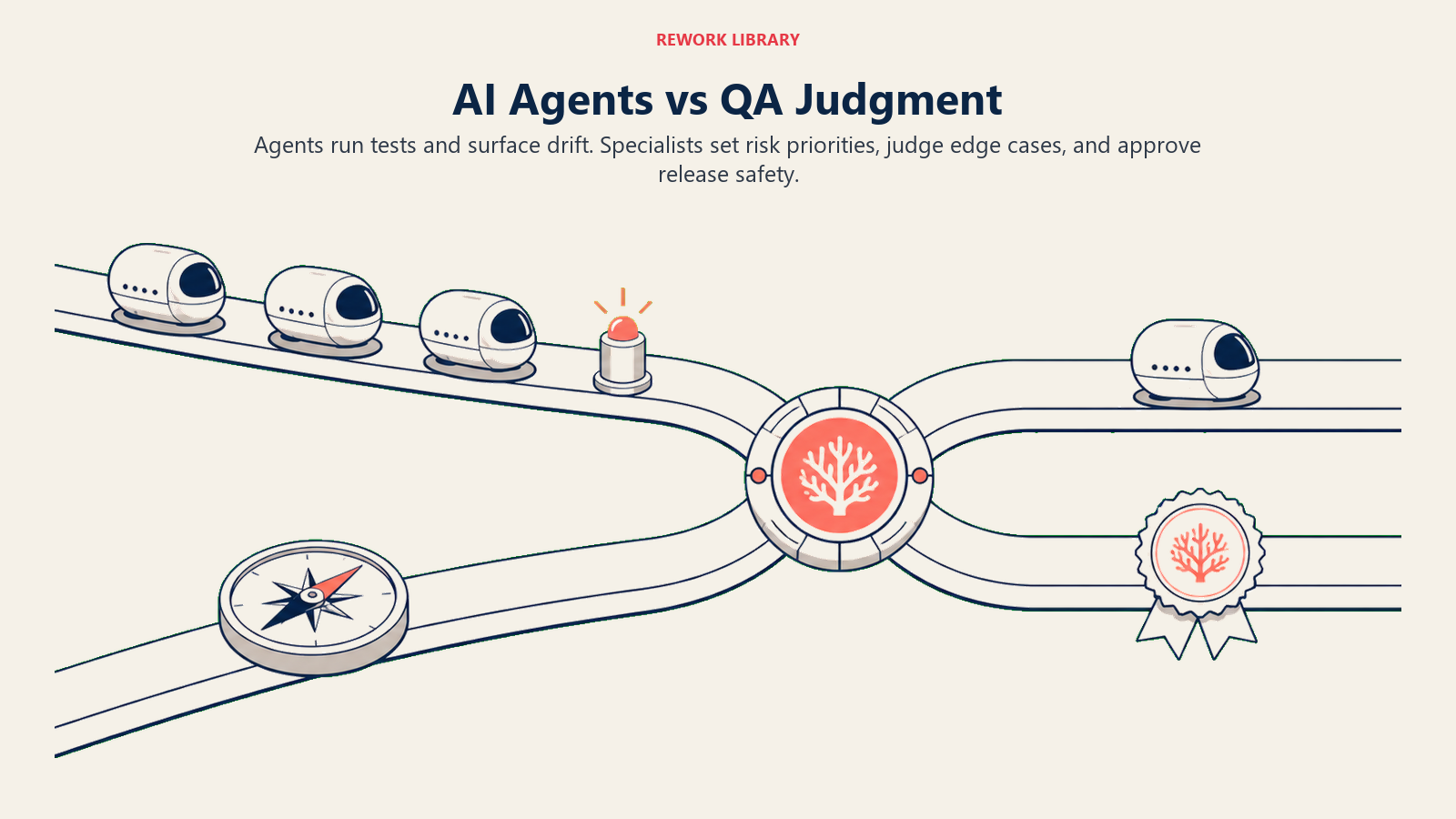 AI agents versus QA judgment shown as two lanes meeting at a release checkpoint