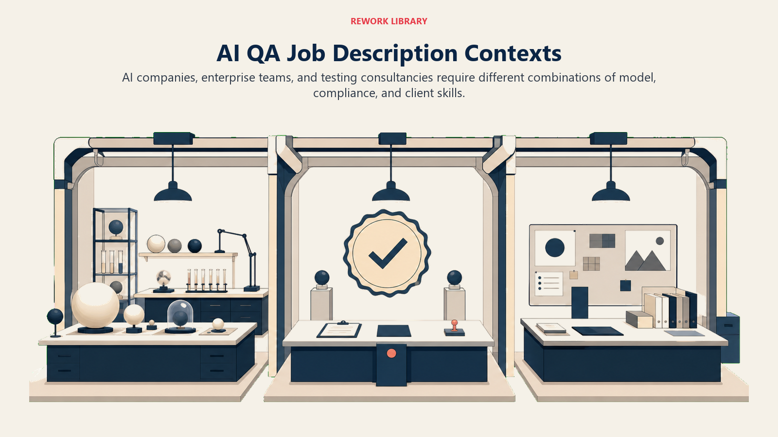 AI QA job description contexts shown as model lab, enterprise gate, and consulting work bays