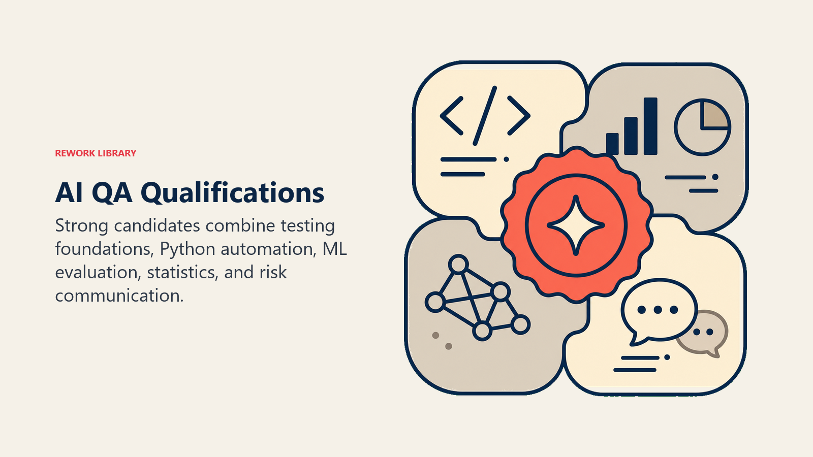 AI QA qualifications shown as interlocking testing, coding, ML, and communication layers