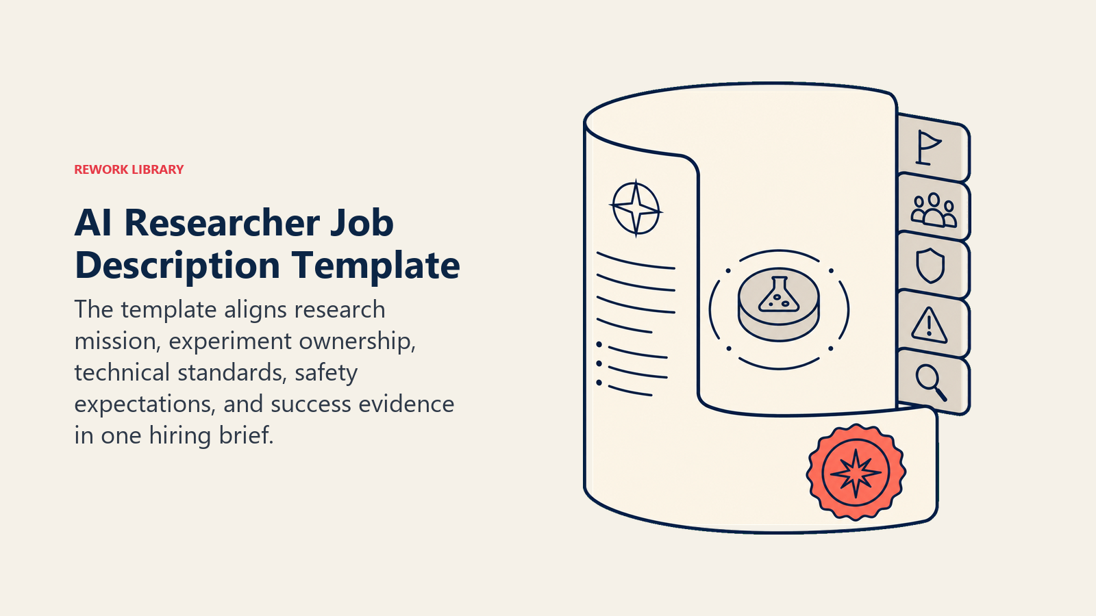 AI researcher job description template represented as a research charter with a coral safety seal