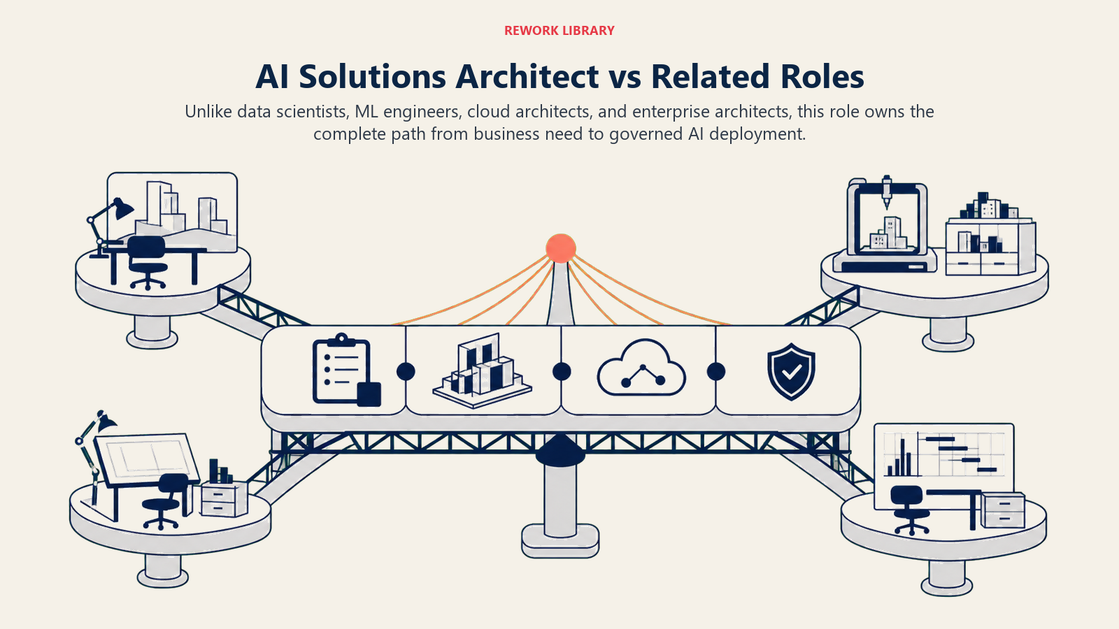 AI Solutions Architect vs Related Roles: A wide comparison balance with four specialist workstations around the edges and one central spanning architect bridge touching business brief, model lab, cloud platform, and production governance