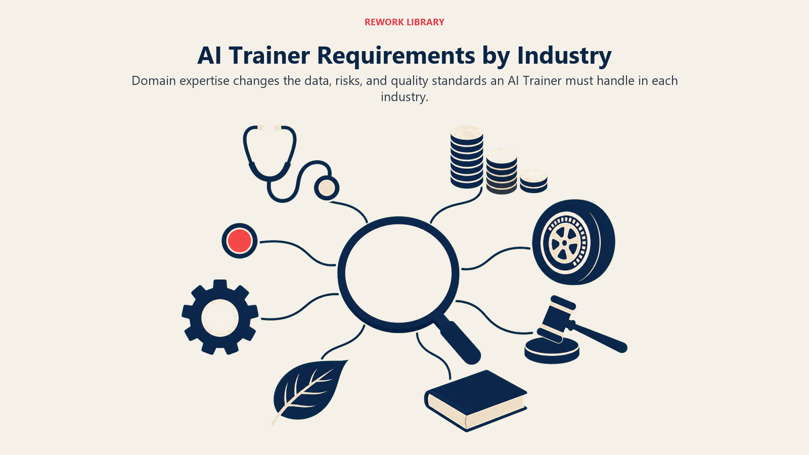 AI Trainer requirements by industry shown through healthcare, finance, vehicle, legal, education, agriculture, and manufacturing data artifacts