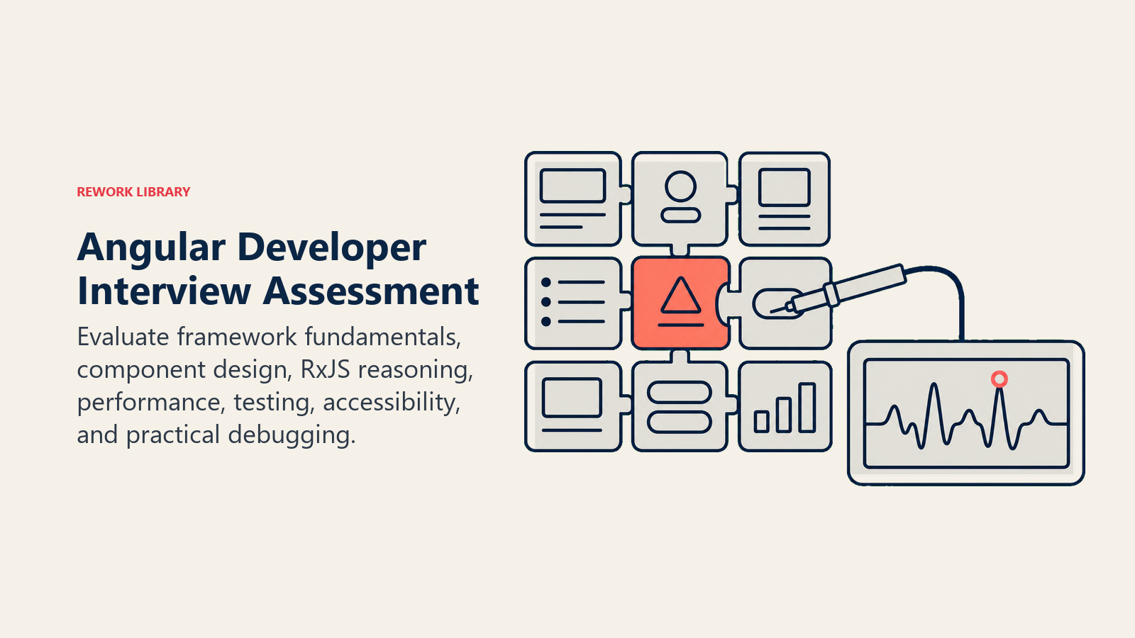 Angular Developer Interview Assessment illustrated as diagnostic probe over component system