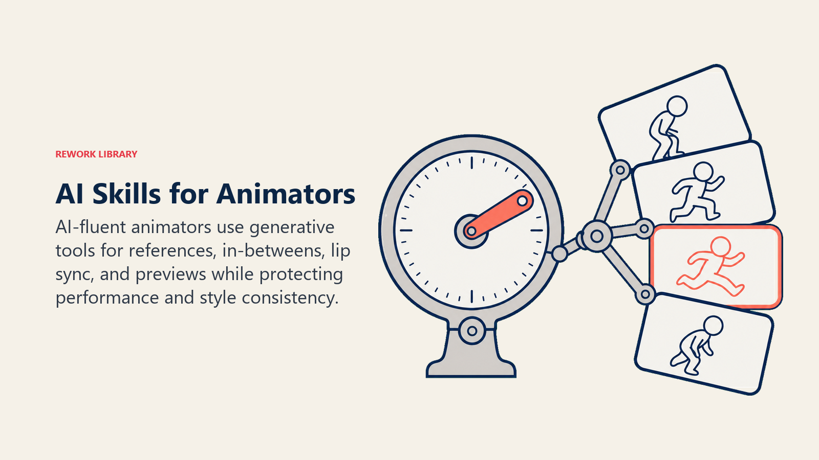 AI skills for animators shown as a timing dial steering reference frames and motion poses