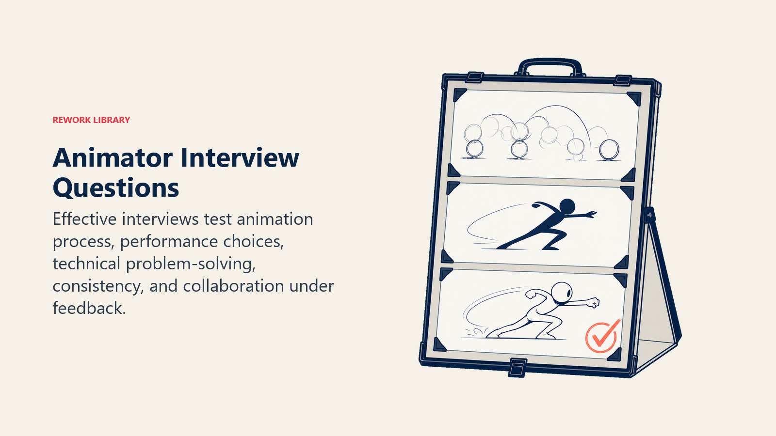 Animator interview questions illustrated by a portfolio lightbox comparing rough motion, performance, and final render
