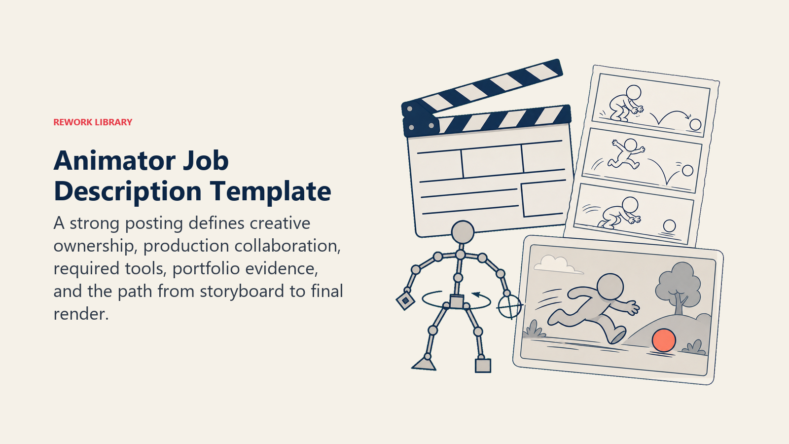 Animator job description template represented by a storyboard clapper, rig control, and final render strip