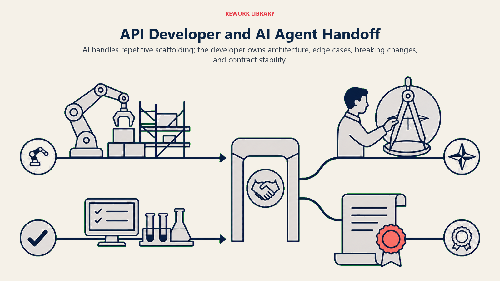 API Developer and AI Agent Handoff illustrated with a Rework editorial api developer ai handoff visual.