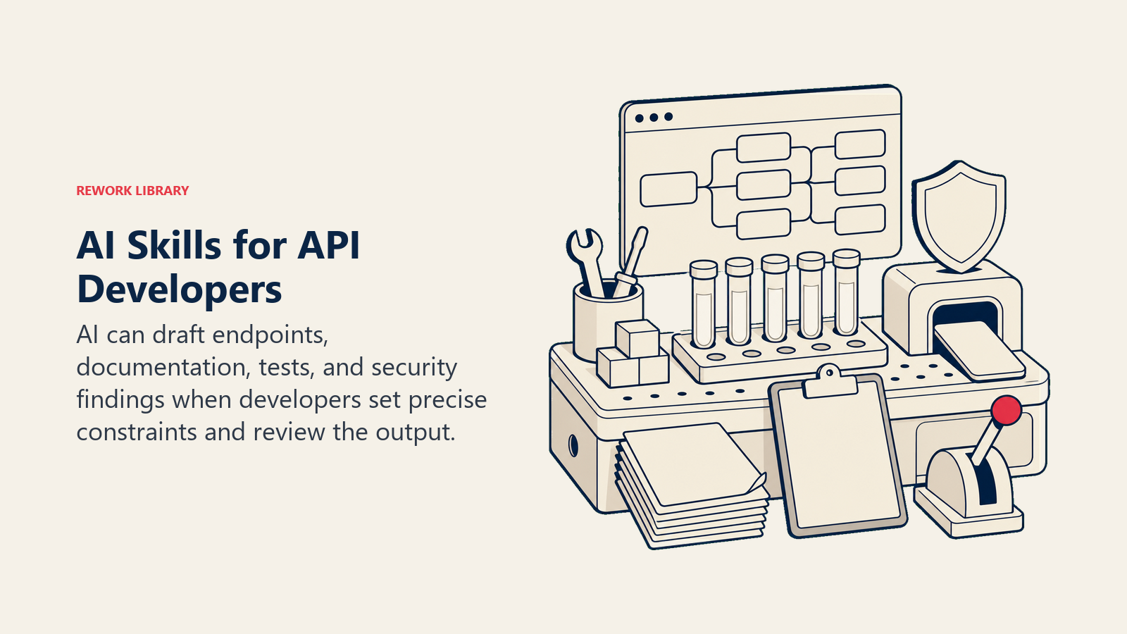 AI Skills for API Developers illustrated with a Rework editorial api developer ai tools visual.