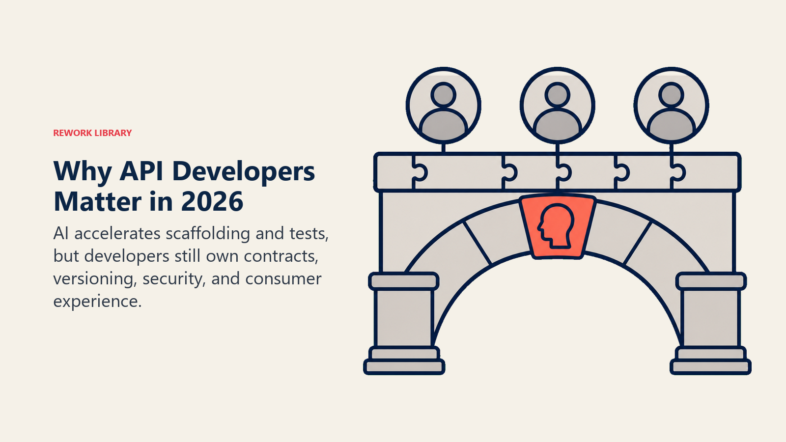 Why API Developers Matter in 2026 illustrated with a Rework editorial api developer role 2026 visual.