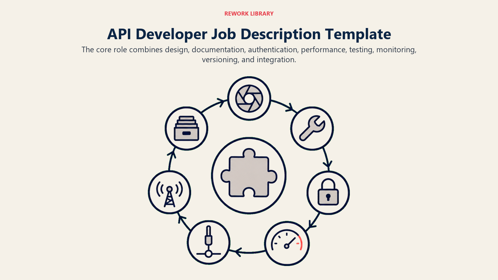 API Developer Job Description Template illustrated with a Rework editorial api developer template visual.