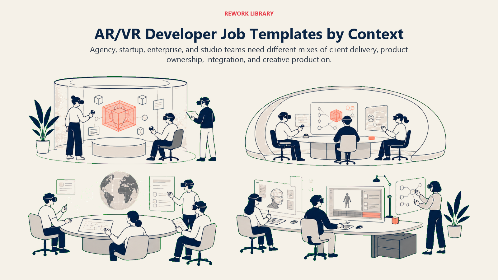 AR/VR Developer Job Templates by Context illustrated with four XR workplaces