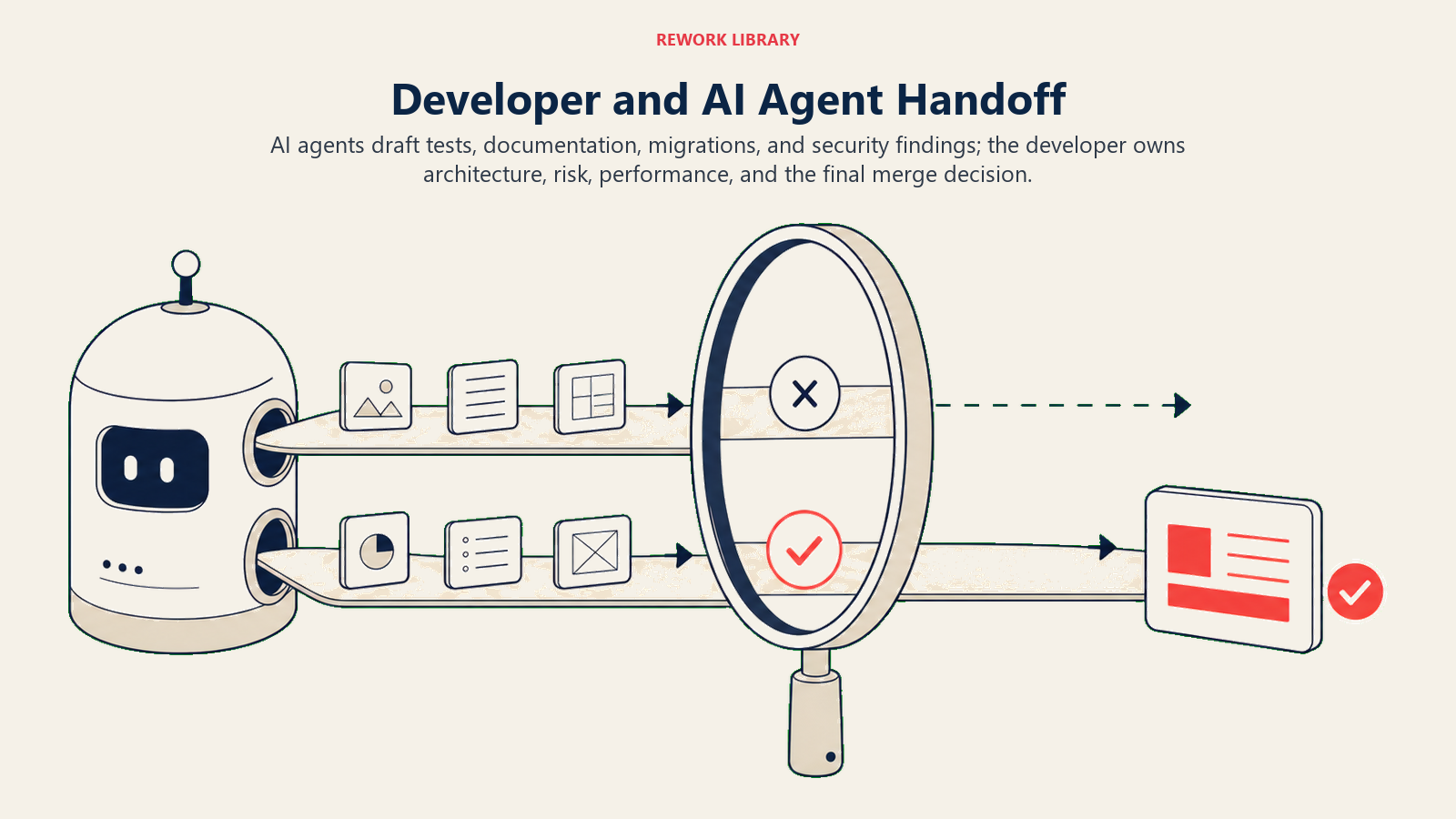 Developer and AI Agent Handoff illustrated with accountability handoff gate