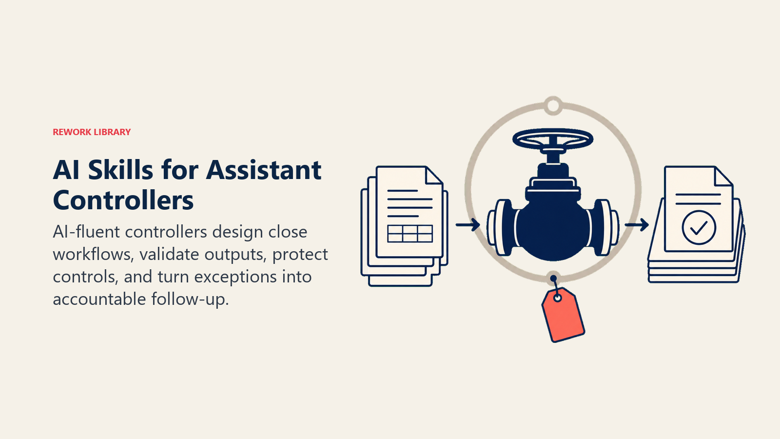 AI skills for Assistant Controllers shown as a guarded finance automation valve