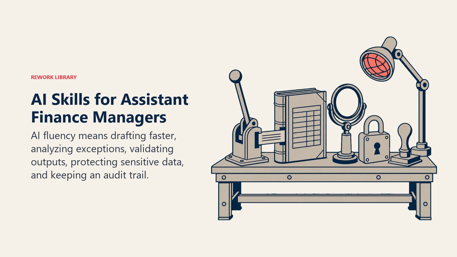 AI skills for assistant finance managers shown as a finance workbench with review, privacy, and audit tools