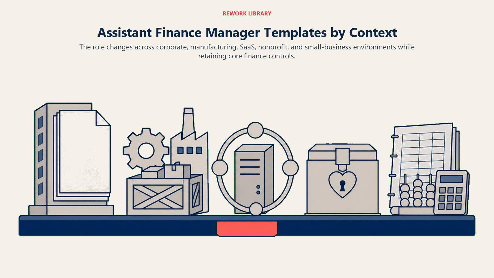 Assistant finance manager templates by context shown as five finance operating bays for corporate, manufacturing, SaaS, nonprofit, and small business