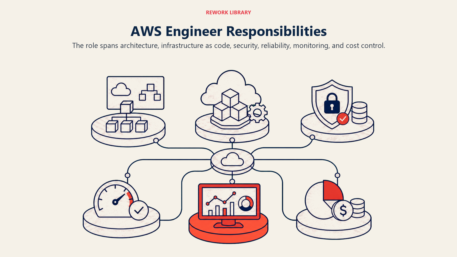 AWS Engineer responsibilities visual with architecture, infrastructure as code, security, monitoring, reliability, and cost control