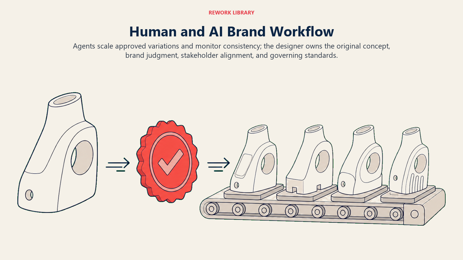 Human and AI Brand Workflow illustrated with master concept to governed variations