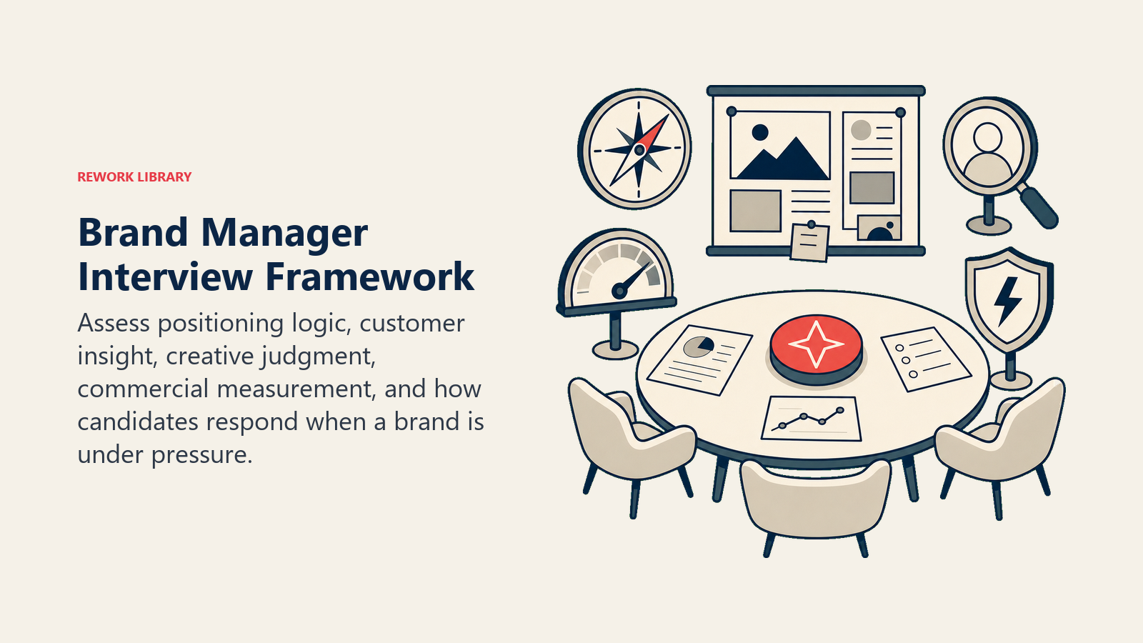 Brand Manager Interview Framework shown as a campaign review room with positioning compass, customer lens, creative board, growth gauge, crisis shield, and a coral decision token.