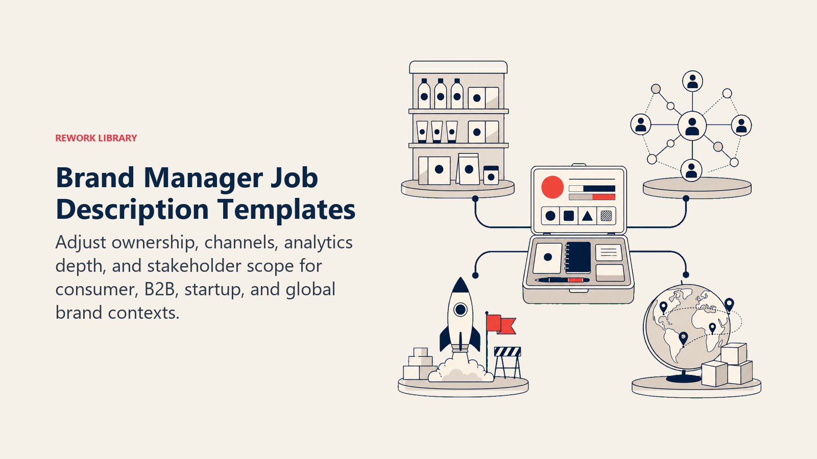 Brand Manager Job Description Templates shown as a modular brand toolkit unfolding into four distinct campaign environments: consumer shelf, B2B network, startup launchpad, and global market grid.