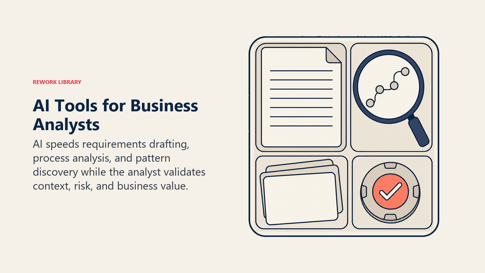 AI tools for business analysts shown as requirements, process analysis, prompt library, and vendor evaluation artifacts