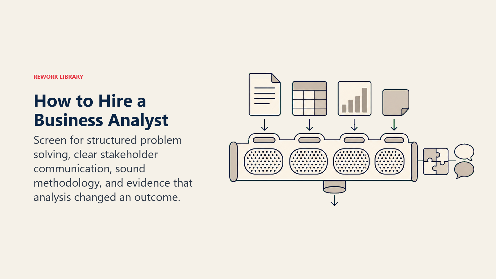 How to hire a Business Analyst shown as an evidence filter testing problem solving, communication, methodology, and impact
