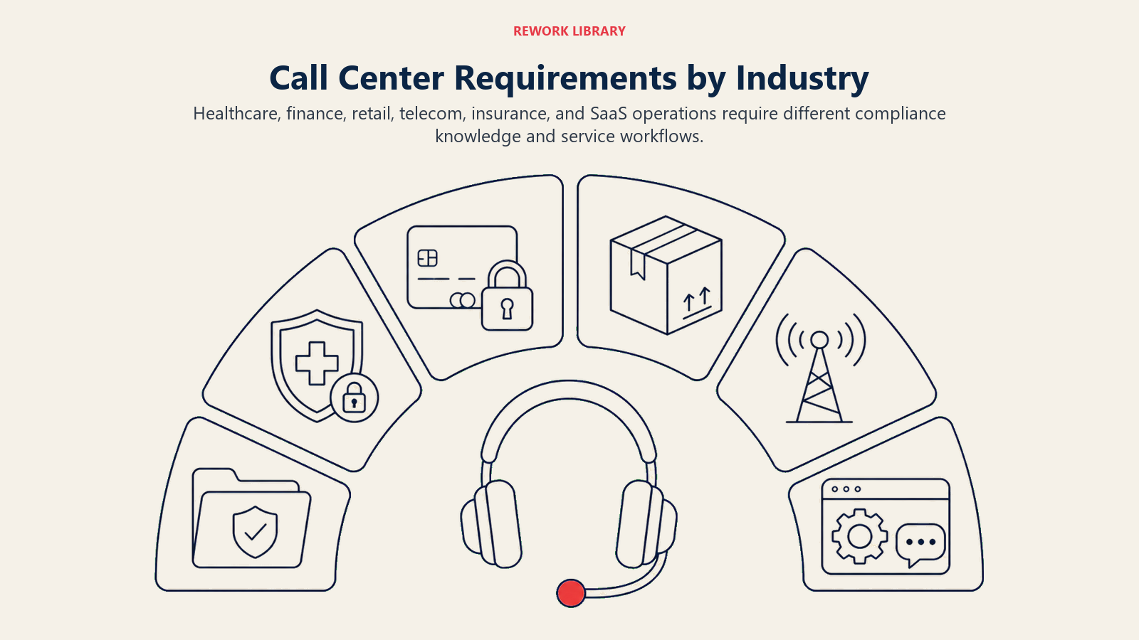 Call Center Requirements by Industry illustration showing HIPAA, PCI, retail orders, telecom service, insurance claims, SaaS support.