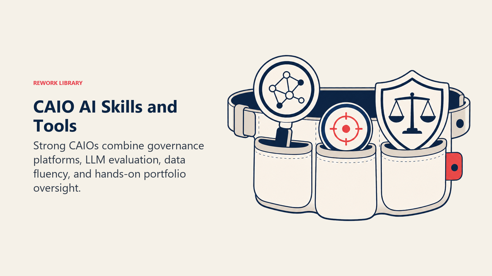 CAIO AI Skills and Tools illustrated with executive AI toolbelt with lens, shield, and test token