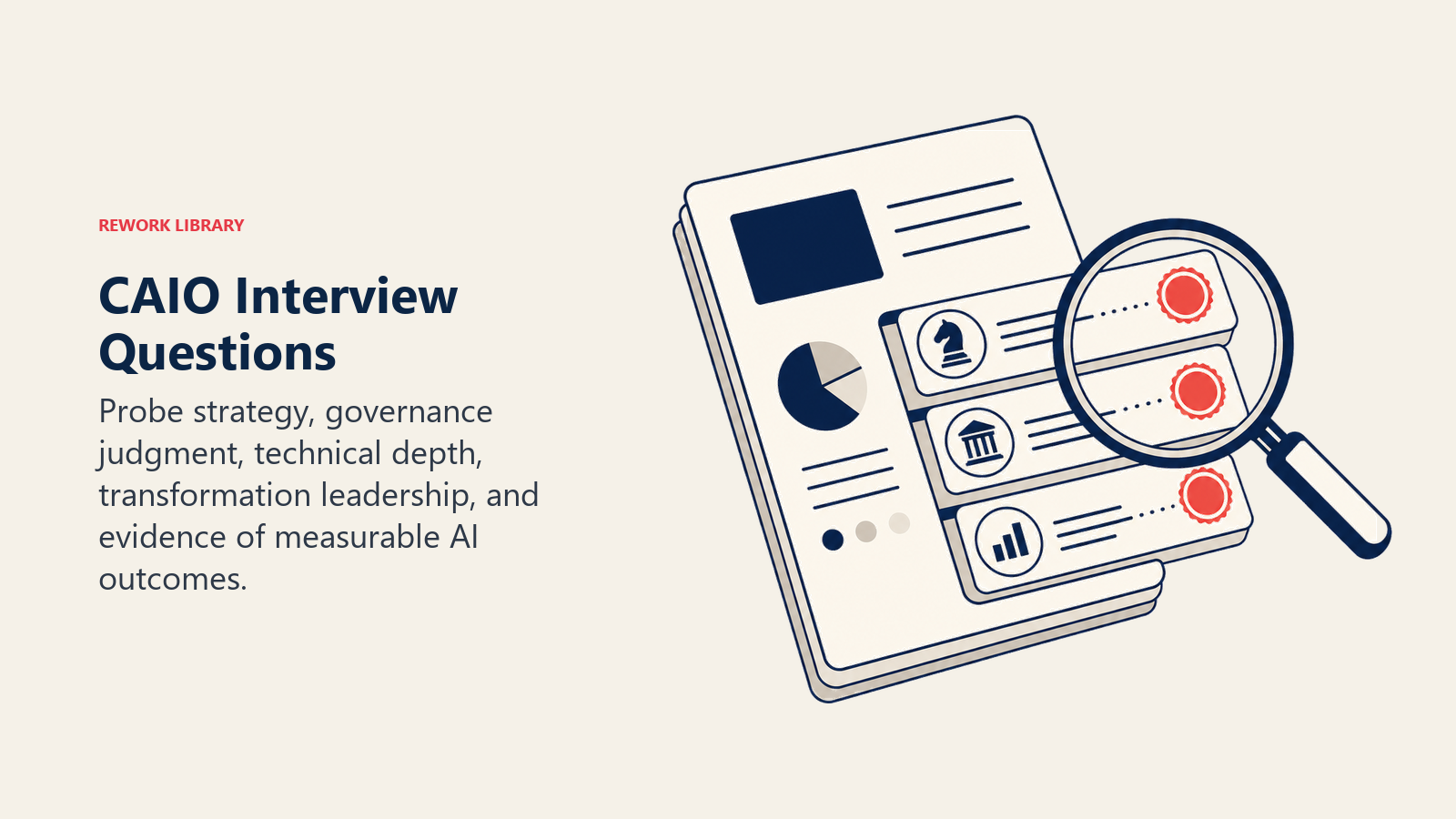 CAIO Interview Questions illustrated with evidence lens over executive interview brief