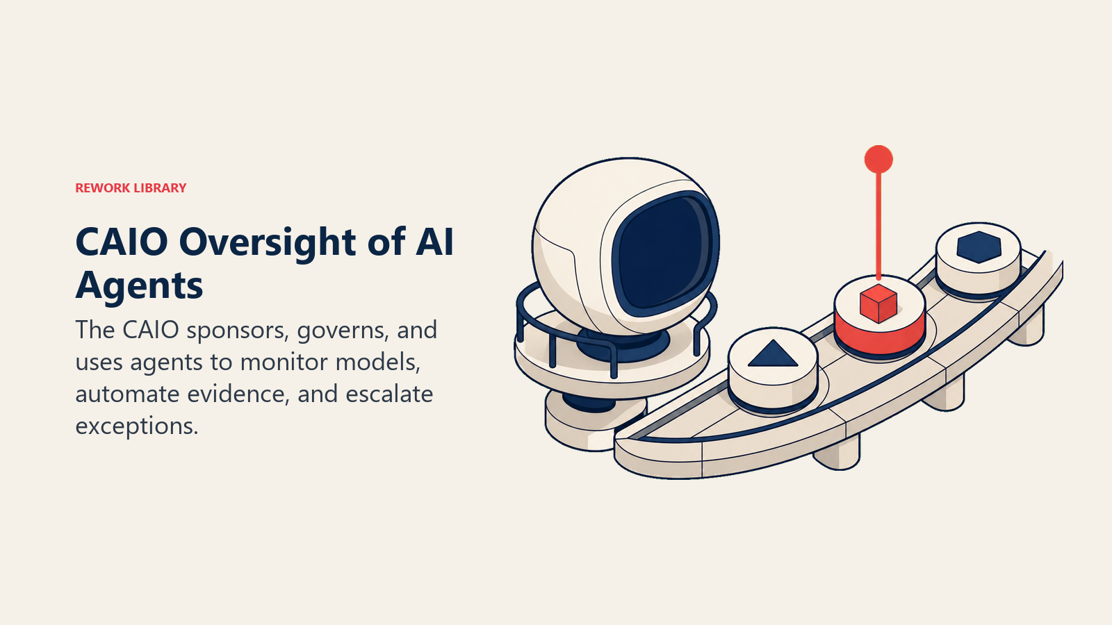 CAIO Oversight of AI Agents illustrated with AI portfolio control pod with exception beacon