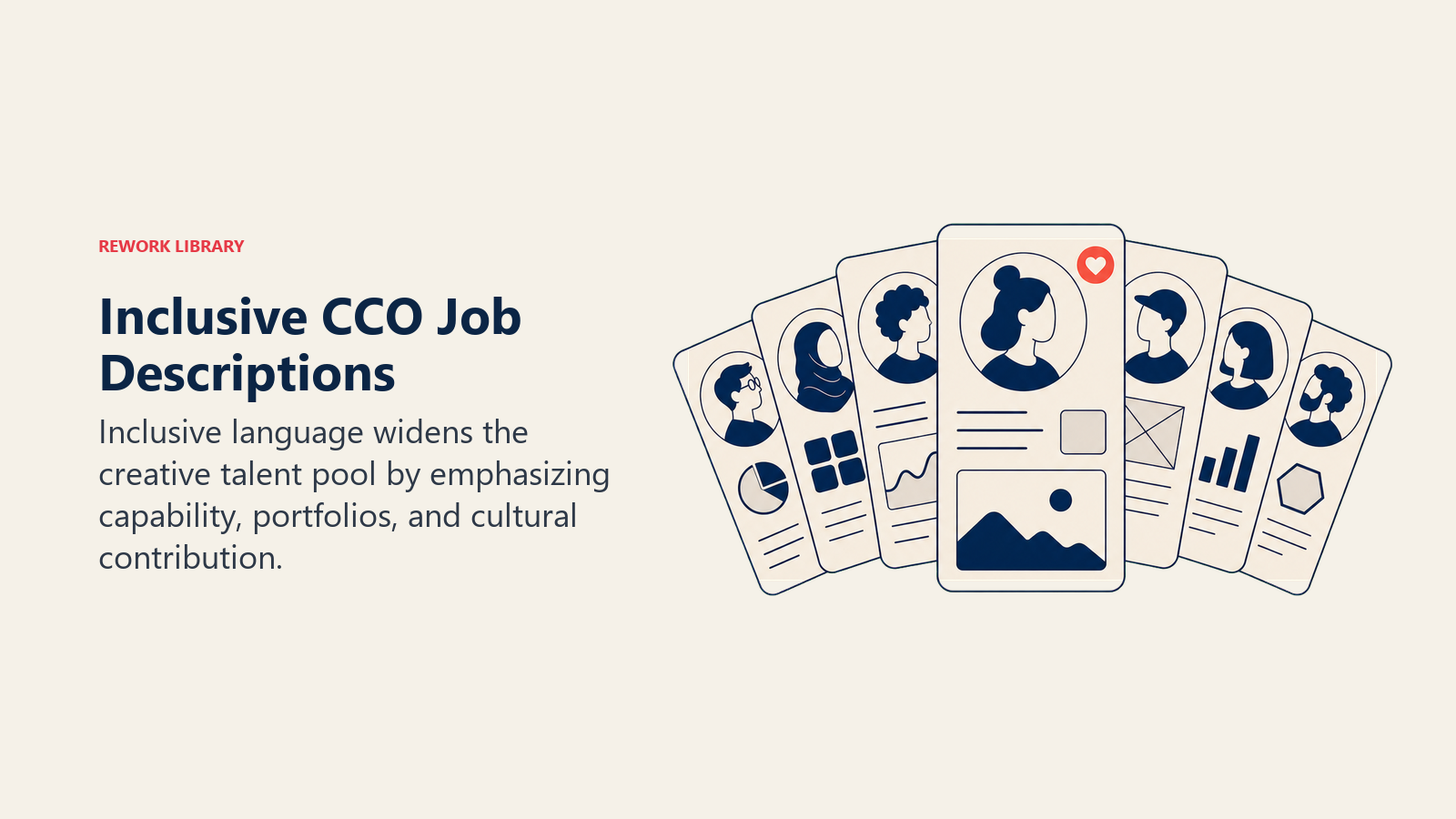 Inclusive CCO Job Descriptions shown as editing lens removing spiky exclusion barriers from a broad fan of diverse portfolio cards