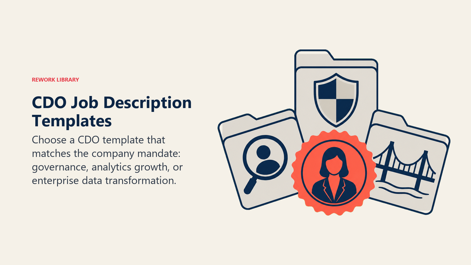 CDO job description templates represented by governance, analytics, and transformation hiring folders