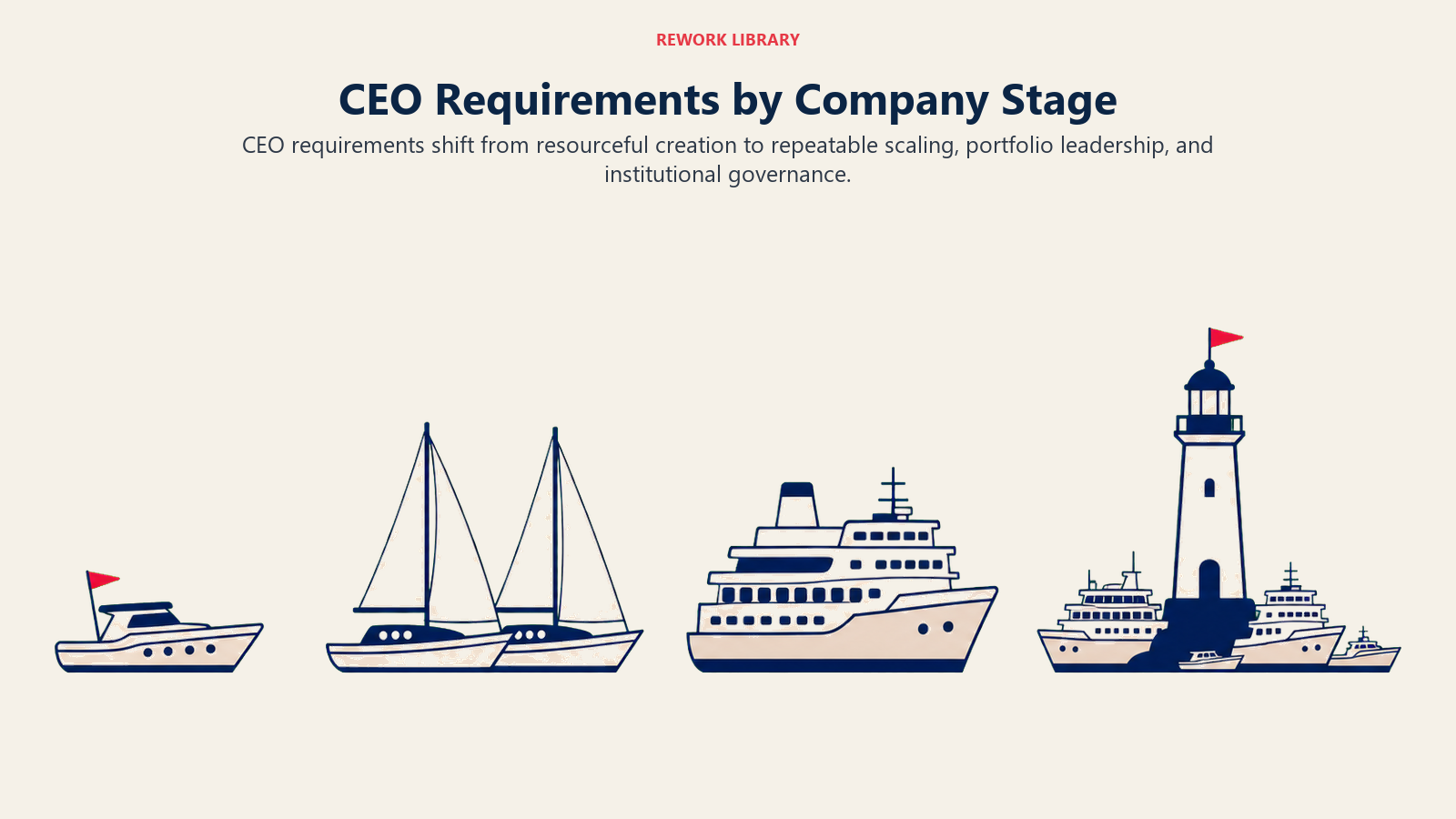CEO requirements by company stage shown as vessels evolving from launch craft to governed fleet