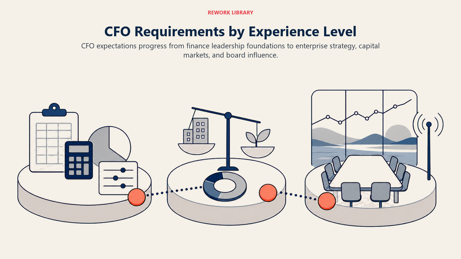 CFO requirements by experience level shown as three widening capability platforms