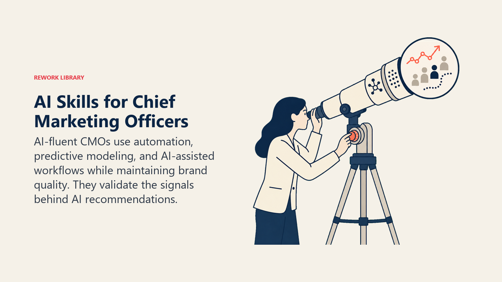AI skills for Chief Marketing Officers represented by a marketing telescope with an analytical lens and calibration control