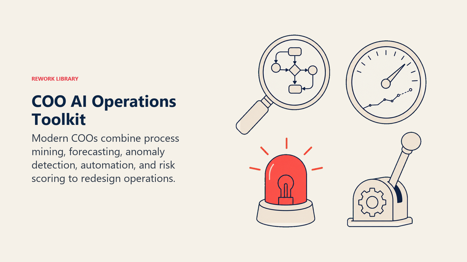 COO AI Operations Toolkit illustrated with an operations workbench with a process lens, forecast dial, anomaly beacon, and automation lever