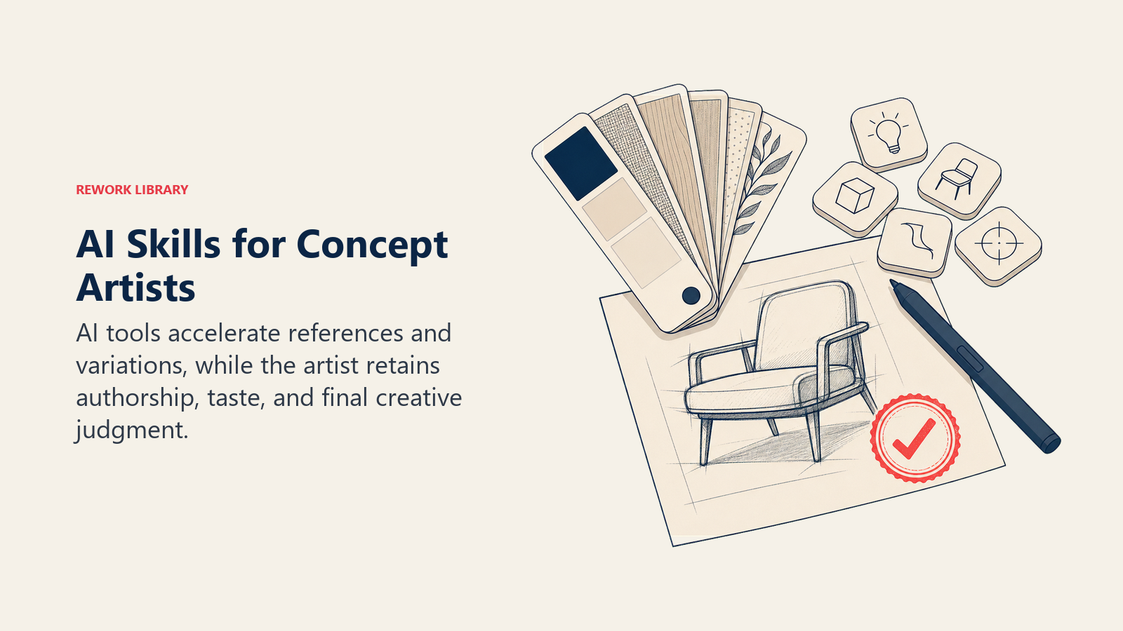 AI Skills for Concept Artists illustrated with creative tool bench