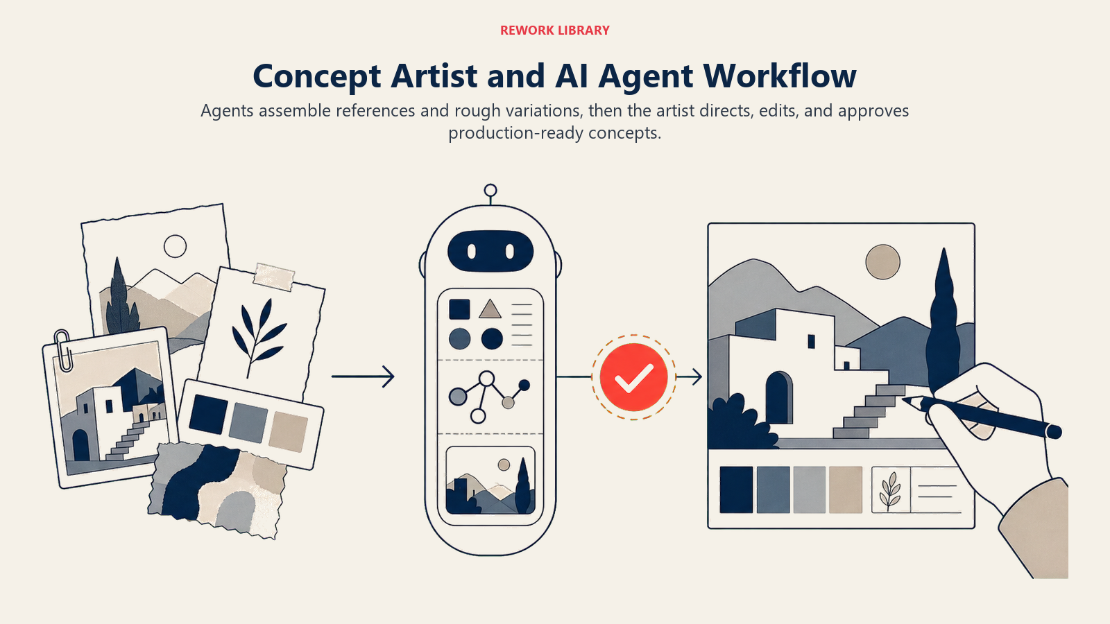 Concept Artist and AI Agent Workflow illustrated with human-agent relay