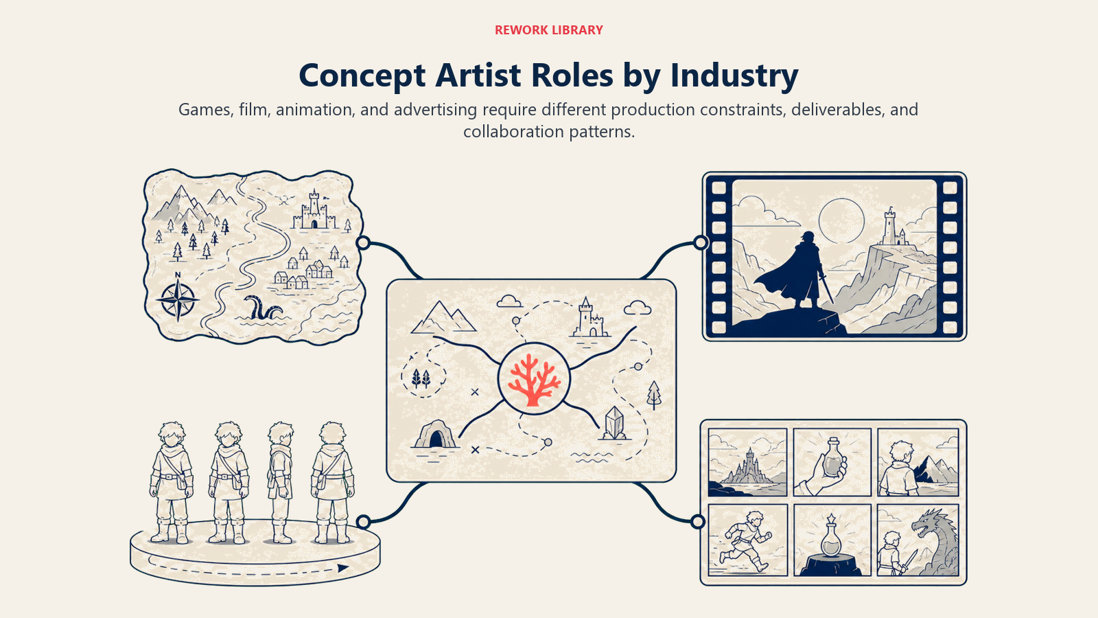 Concept Artist Roles by Industry illustrated with branching media worlds