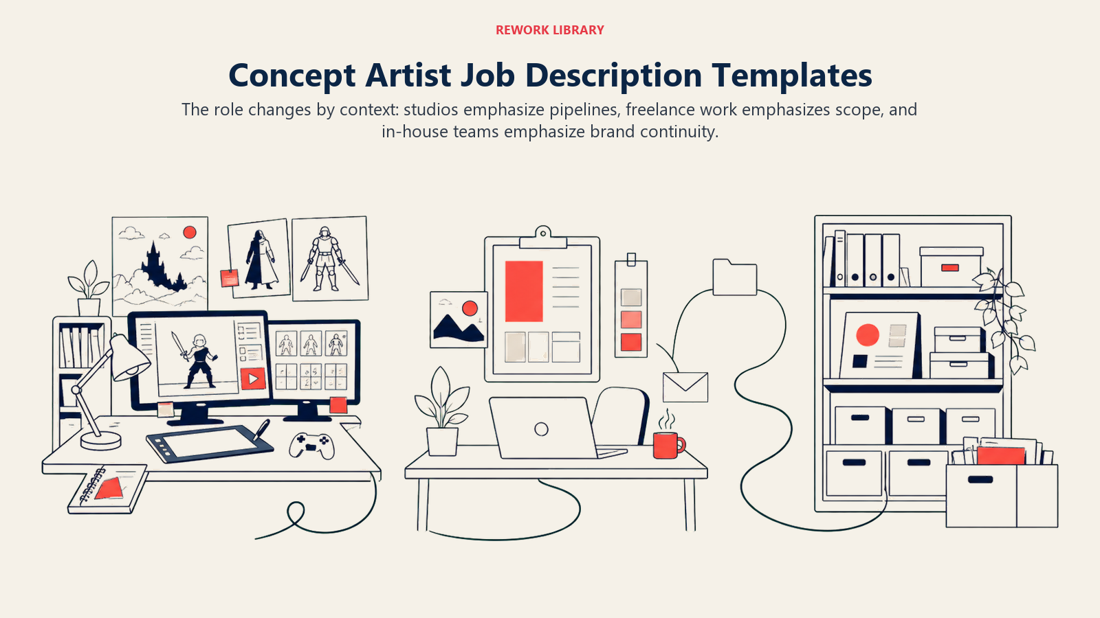 Concept Artist Job Description Templates illustrated with three creative environments