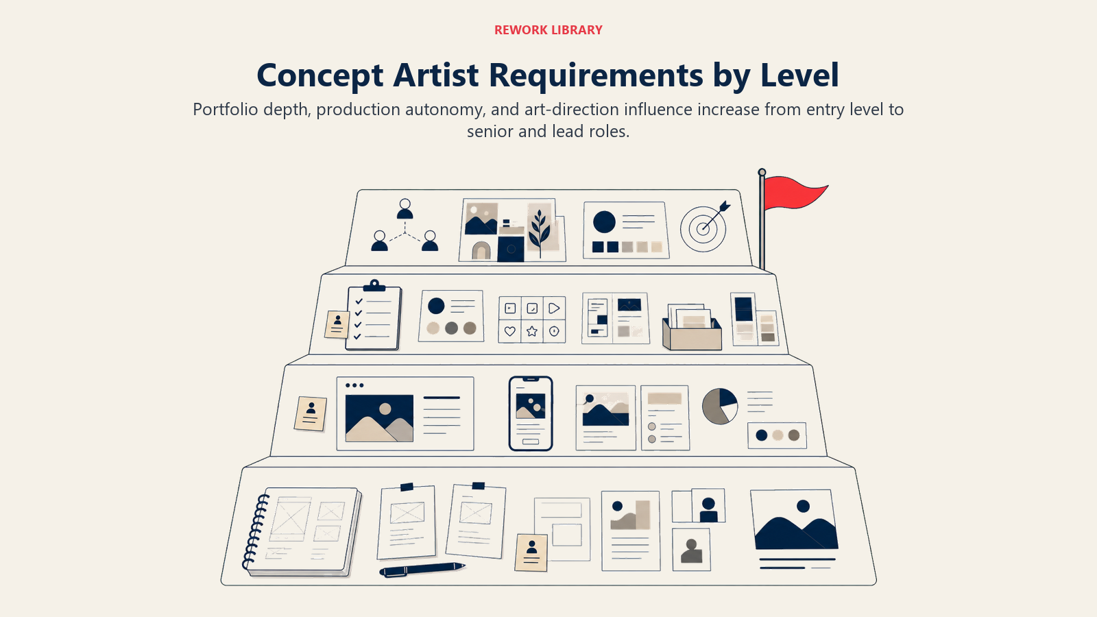 Concept Artist Requirements by Level illustrated with career capability staircase