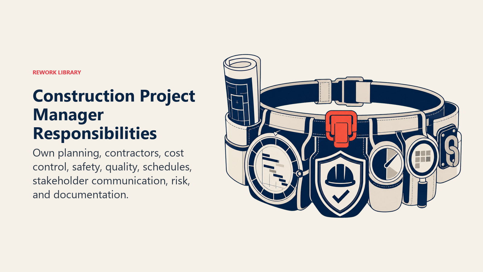Construction Project Manager responsibilities across planning, contractors, cost, safety, quality, schedules, risk, and documentation