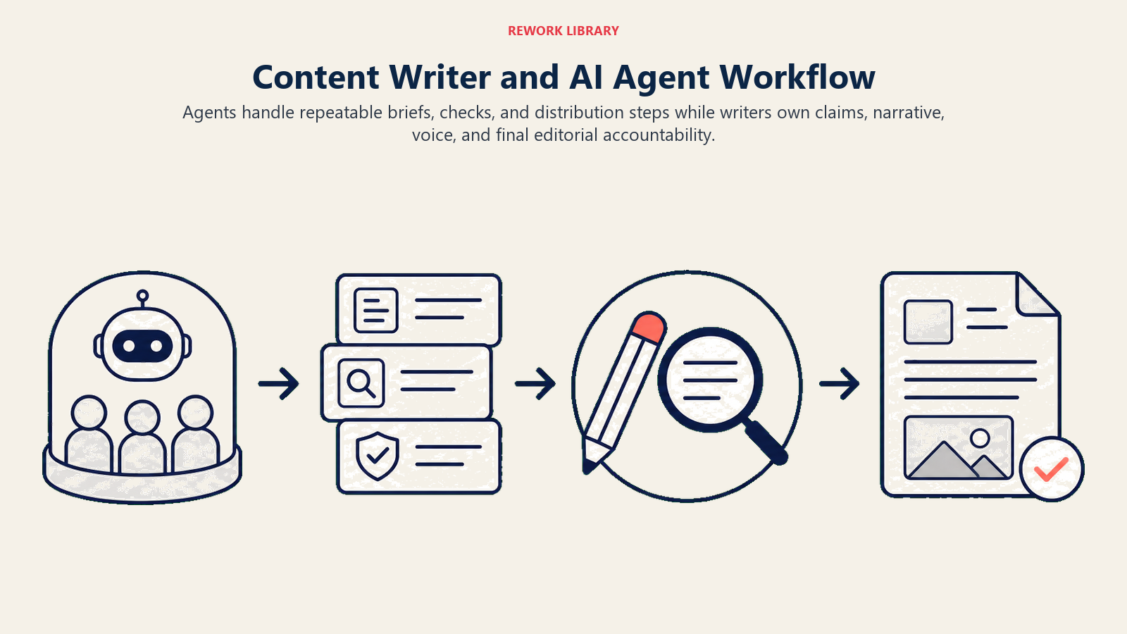Content Writer and AI Agent Workflow visual showing a wide publishing workflow with an agent pod preparing brief cards and checks, then a human editorial gate represented by a pencil and evidence lens before a finished article exits