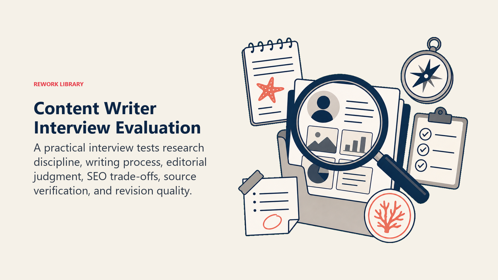Content Writer Interview Evaluation visual showing a candidate portfolio under a magnifying lens with research notes, revision marks, search compass, source check, and one coral quality stamp