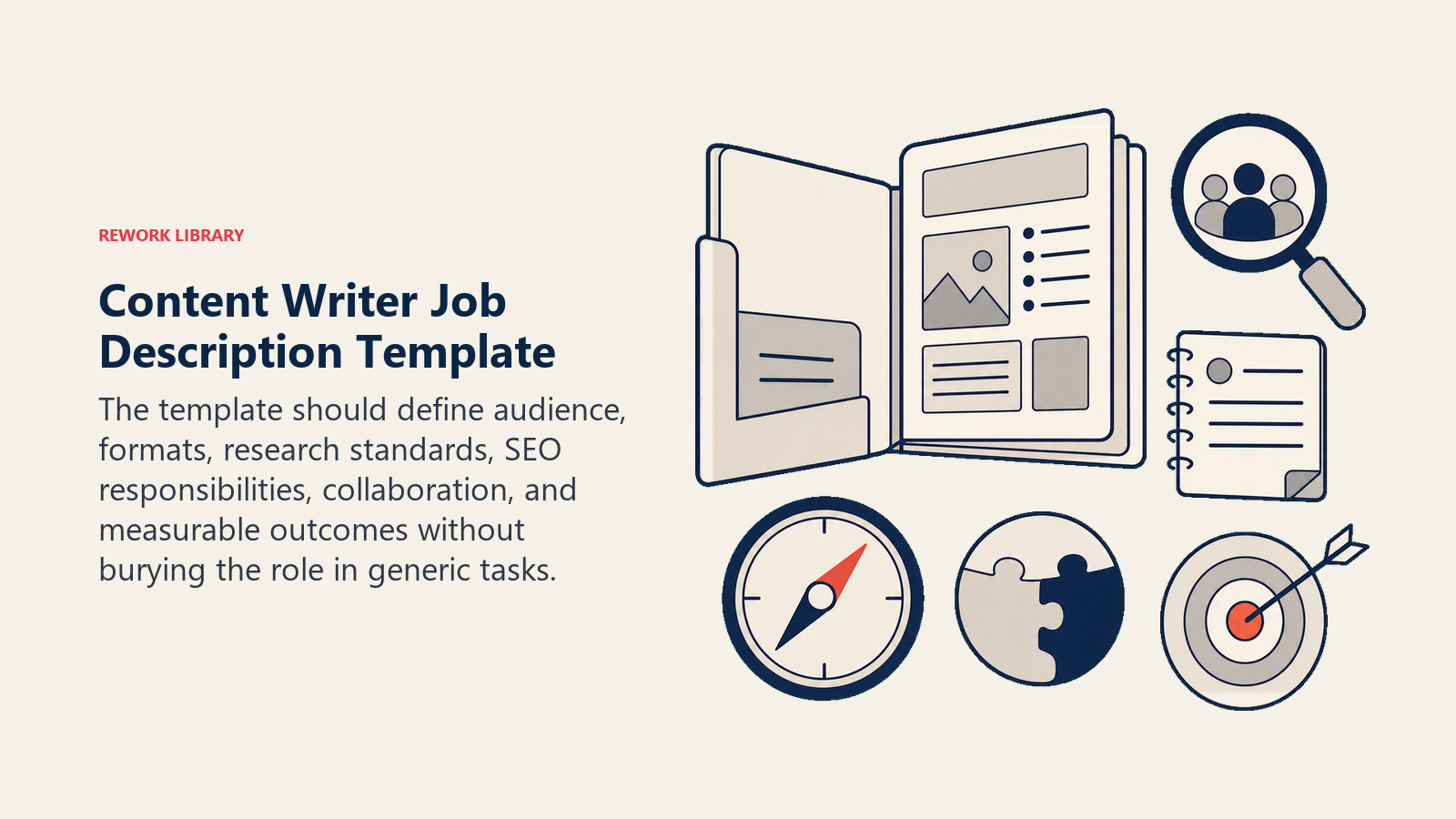 Content Writer Job Description Template visual showing a structured content brief folder opened beside an audience lens, research notes, SEO compass, collaboration token, and outcome marker