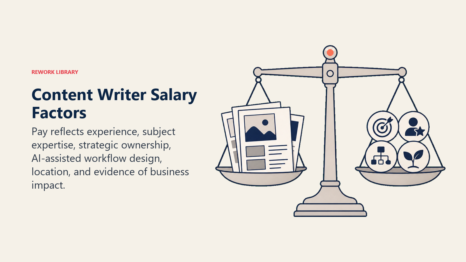 Content Writer Salary Factors visual showing a balanced compensation scale holding craft portfolio pages on one side and strategy, expertise, workflow, and impact tokens on the other