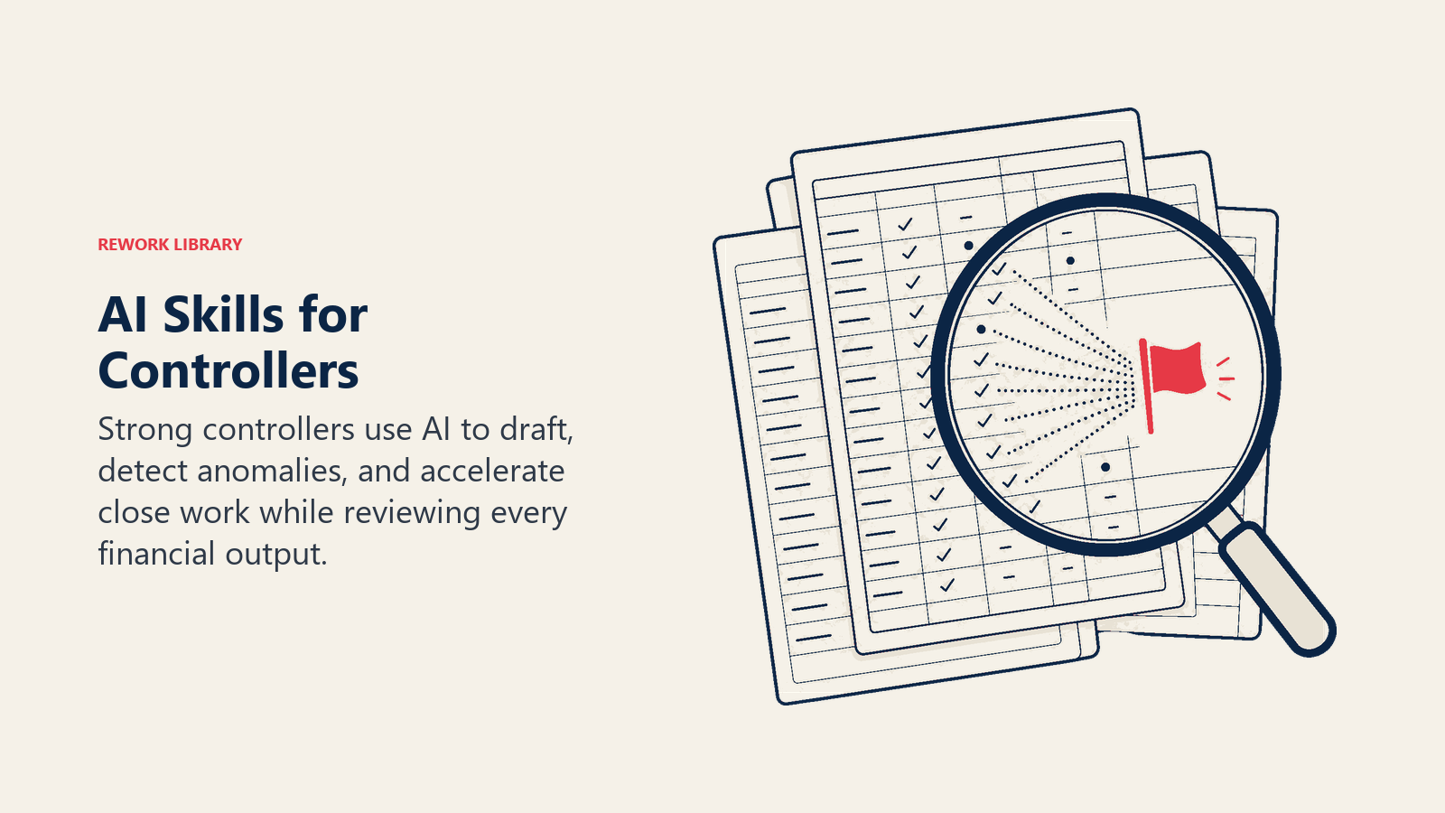 AI Skills for Controllers illustrated with magnifying lens over ledger anomalies