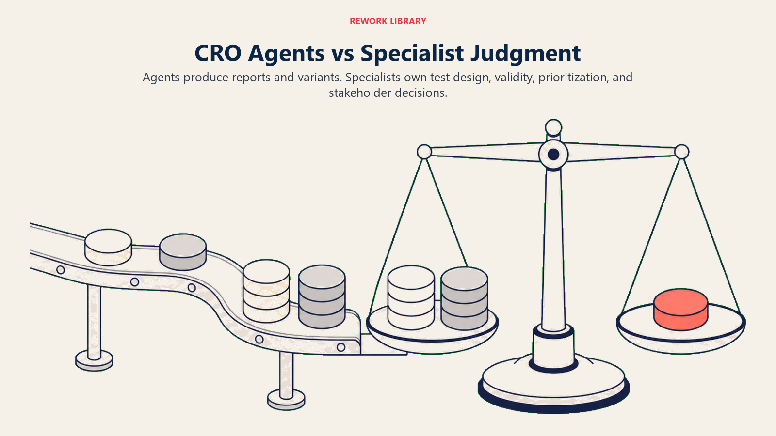 CRO agents versus specialist judgment shown as automated outputs relayed into a decision scale