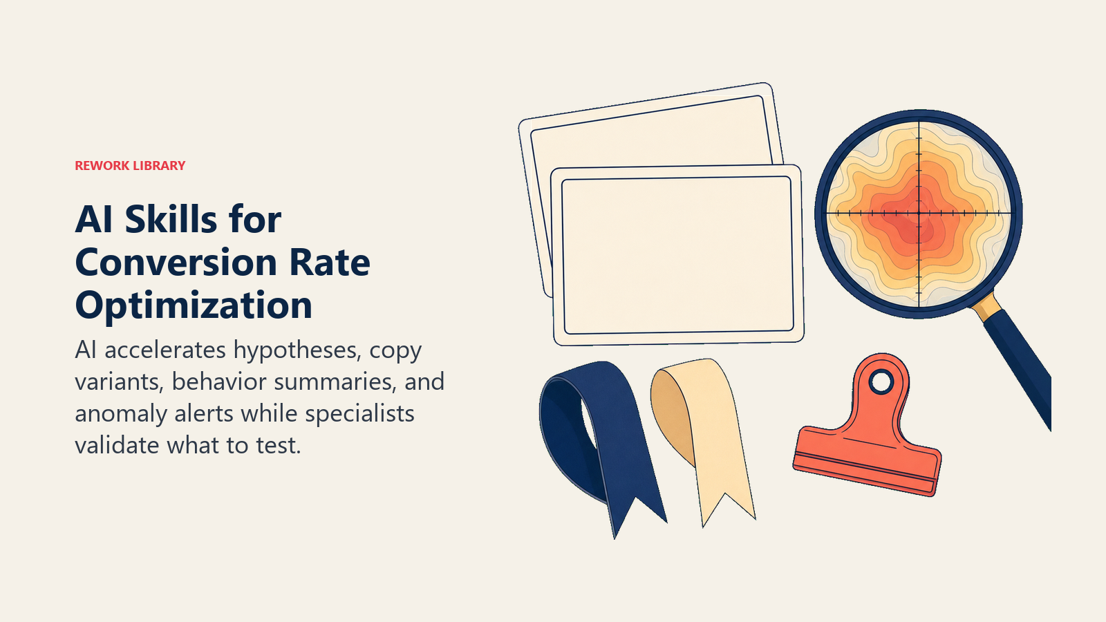 AI skills for conversion rate optimization shown as an experiment desk with curated hypotheses and alerts