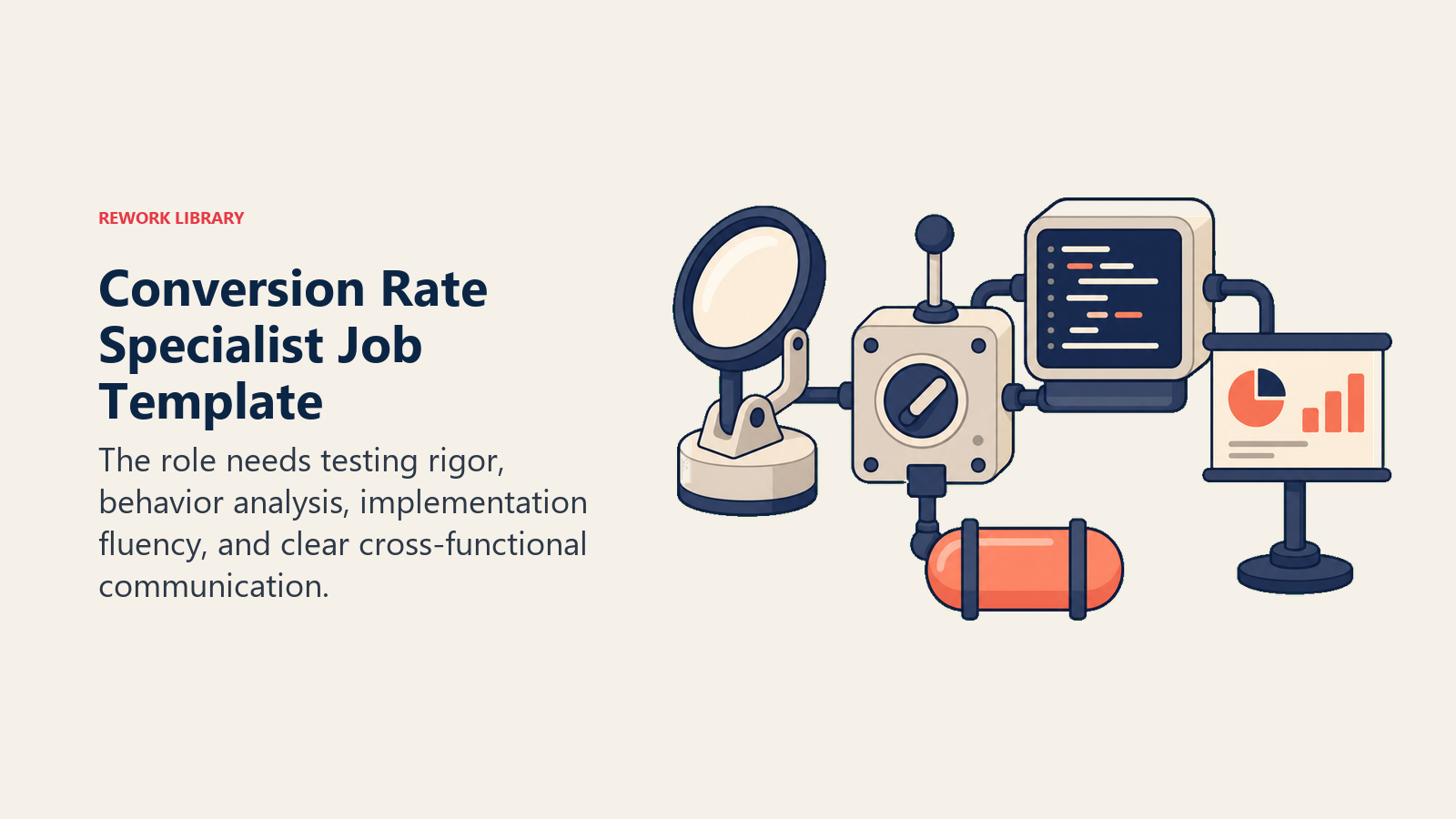 Conversion Rate Specialist job template shown as a testing rig combining analysis, experiments, code, and communication