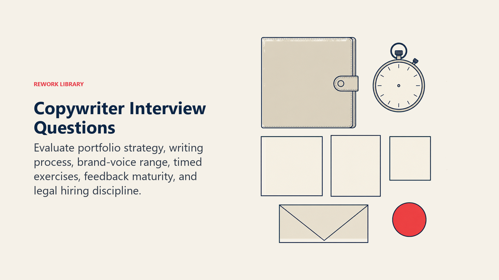 Copywriter interview questions represented by portfolio review, timed headline, email, social, and long-form writing assessments